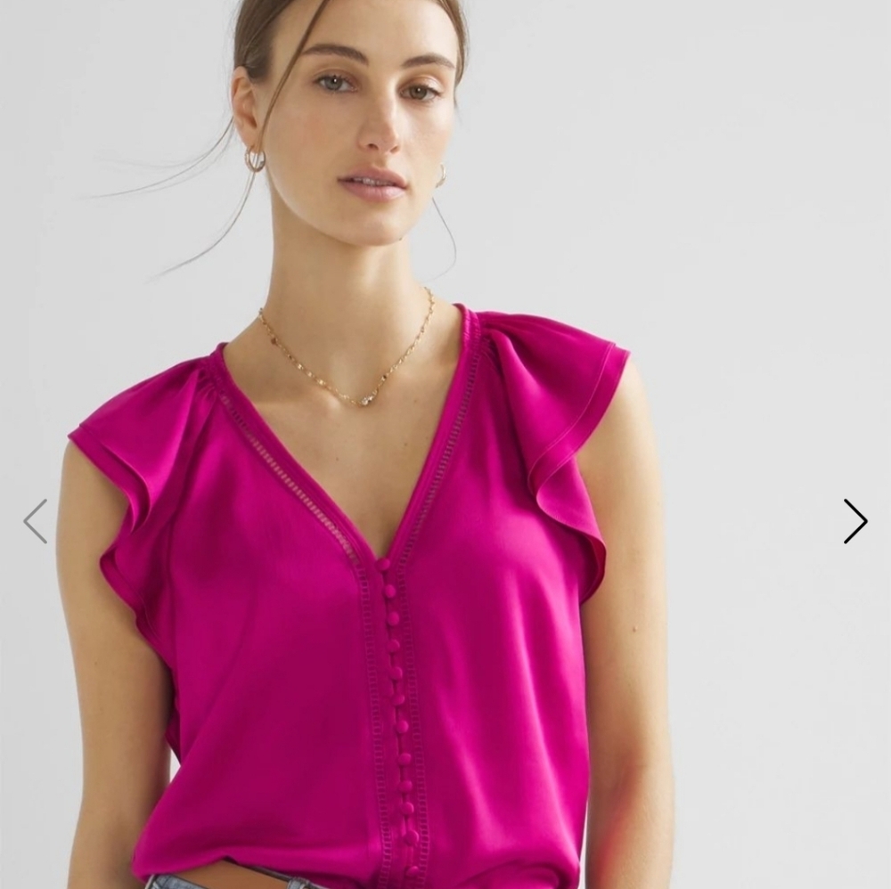 White House Black Market Fuchsia Ruffle Sleeve V-Neck Top